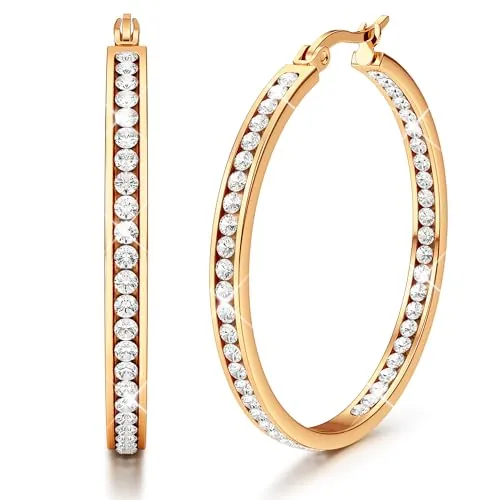 Adramata Pendientes Mujer Plata Aros con Circonia Cúbica 40mm Pendientes Aro Oro Rosa Mujer