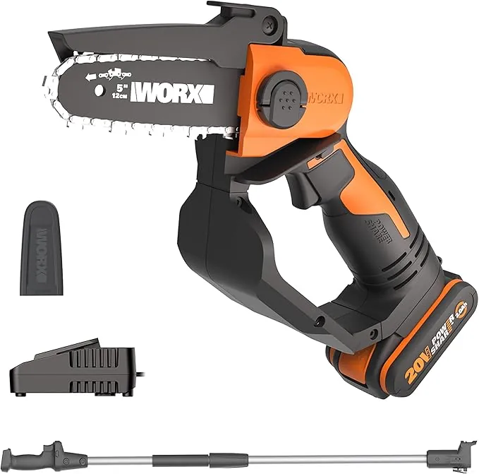 WORX Minimotosierra a batería 18 V (máx. 20 V) WG324E.1, PowerShare, 12 cm, carril de guía de baja vibración, ligera y portátil, 1 batería y 1 cargador incluido