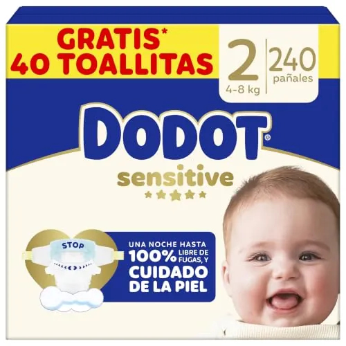 Dodot Pañales Bebé Sensitive Talla 2 (4-8 kg), 198 Pañales + 1 Pack de 40 Toallitas Gratis Cuidado Total Aqua, Absorción y Protección de la Piel de Dodot, Pack Mensual