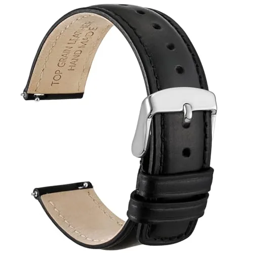 WOCCI 22mm Correa de Reloj para Hombre y Mujer, Cuero Genuino - Cuero de Grano Superior, Cierre Rápido, Hebilla Plateada (Negro)