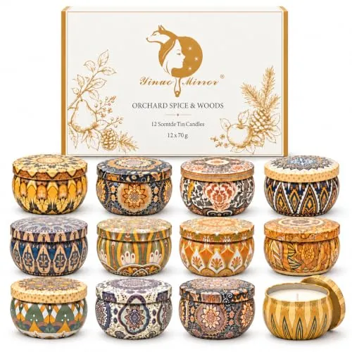 Yinuo Mirror Set de 12 Velas Aromáticas, Cera de Soja de 70 g en Lata, Aromas Especiados, Frutales y Amaderados para Otoño e Invierno, Navidad y Cumpleaños, para Mujer