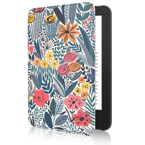 MoKo Funda para 6" Amazon Kindle Basic 11ª Gen 2024/2022,Flor Hoja Azul