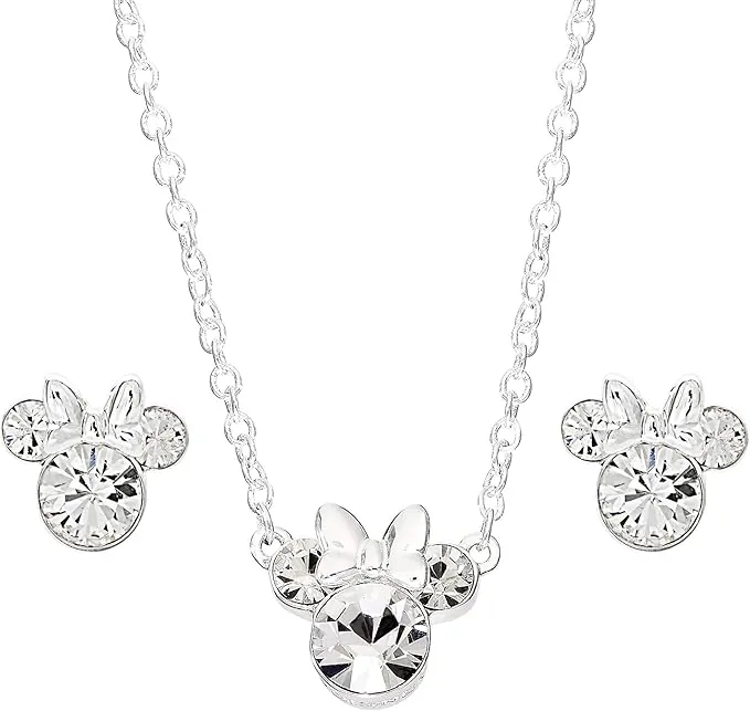 Disney Minnie Mouse Crystal Necklace and Stud Earrings and Set, Mickey's 90th Birthday Anniversary; Silver Plated Jewelry for Women