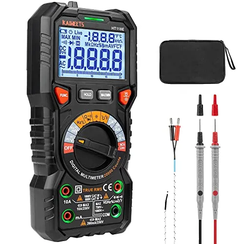 KAIWEETS HT118E Multimetro Digital Profesional 20000 Cuentas, Polimetro Autorango para Medir CA/CC Corriente y Tensión, NCV, Capacitancia, Continuidad, Resistencia, Temperatura, Diodo, Live