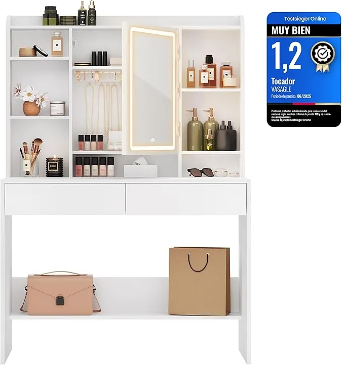 VASAGLE Kailyn Colección - Tocador con Luces LED de 3 Colores con Brillo Ajustable, Mesa de Maquillaje con Espejo, Estantes Ajustables, 2 Cajones, Estilo Moderno, Blanco RDT123T14