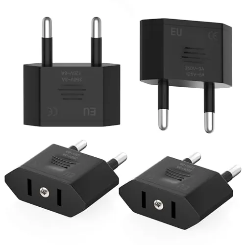 Clomnpe 4 Piezas Adaptador Enchufe Americano a Europeo, Adaptador Enchufe USA a España, Compacto, Fácil de Transportar y Usar, Adecuado para Viajes de EE.UU./Canadá/Japón/Asia a España/Europa-Negra
