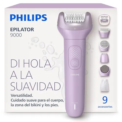 Philips Depiladora Serie 9000 - Depiladora eléctrica inalámbrica, uso en seco y mojado, para todo el cuerpo. Incluye ProGuide, 9 accesorios (incluye cabezal de pedicura), 60 min autonomía. BRE728/00
