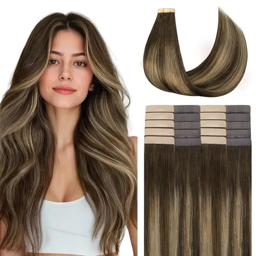 GOO GOO Extensiones Adhesivas Pelo Natural, 45cm 20pcs 50g Marrón Chocolate a Rubio Caramelo Extensiones de cabello, Remy Extensiones de Cabello Natural Humano Auténtico
