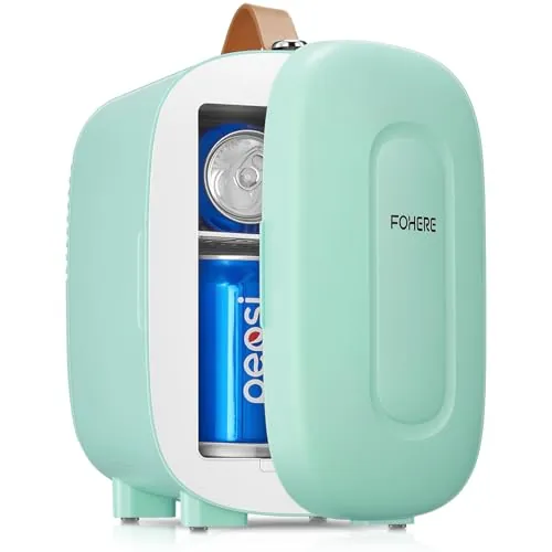 FOHERE Mini Nevera 5 Litros / 6 Latas | CA+CC | Silencioso Portátil | Enfriar y Calentar | Nevera pequeña para dormitorios, coches, oficinas, cuidado de la piel, viaje（Verde）