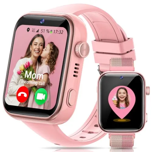 AIMIUVEI 4G Reloj Inteligente Niño con Llamadas, Videollamadas, Chat de Voz, Whatsapp, WiFi, GPS, SOS, SMS, Impermeable IP68, Modo Escuela y Podómetro, Smartwatch Niños con Pantalla HD de 1.83'' Rosa
