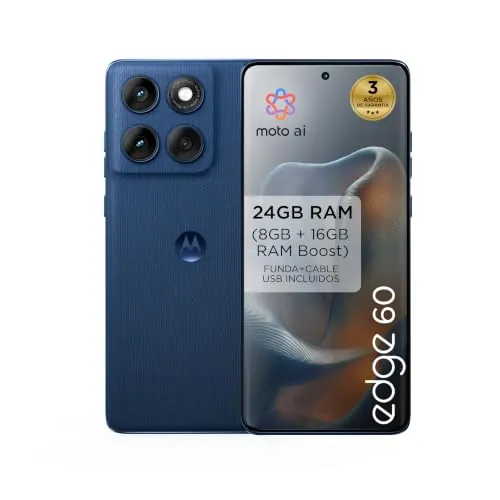 Motorola Edge 60 24GB (8GB+16GB RAM Boost)/512GB Gibraltar Sea, Pantalla Super HD de 6,67”con Cuatro Bordes curvos, Cámara Sony LYTIA™ 700C de 50MP, Moto ai, Durabilidad Militar, Batería 5200 mAh