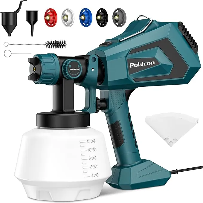 Pistola Pintura Electrica, Pistola para Pintar Paredes y Techos, 700W 1200ML HVLP Pistola Pintar Electrica, Pulverizador de Pintura con 5 Boquillas y 3 Patrones (Verde)