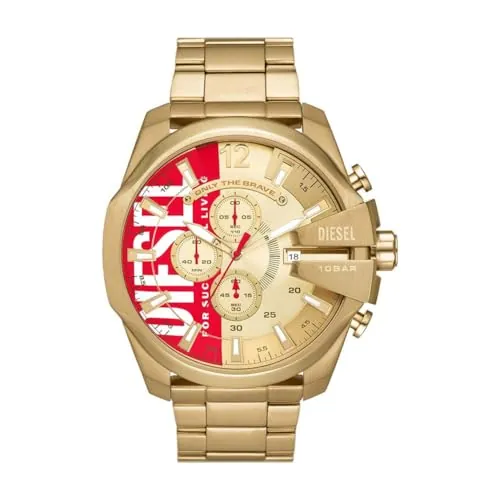 Diesel Reloj Mega Chief para Hombre, Movimiento cronógrafo con Correa de Acero Inoxidable, Tono Dorado y Rojo, 51 mm