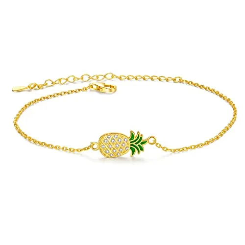 LINSTER Piña Tobilleras para Mujer Plata de ley 925 Chapado en oro de 14 k Regalos de joyería de playa de verano para Mujer