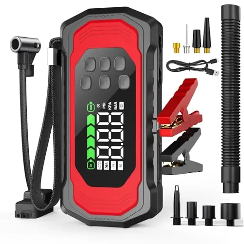Eigotrav Arrancador de Baterias de Coche 9000A, Compresor de Aire 150PSI, Arrancador de Coche 12V(Toda Gasolina o 14L Diésel), Booster Batería con Inflador y desinflador, 30W Carga Rápida