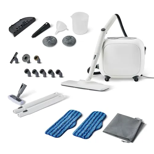 Amazon Basics Limpiador a Vapor Multiusos con 22 Accesorios, Depósito de 1,5L, 1500W, Blanco