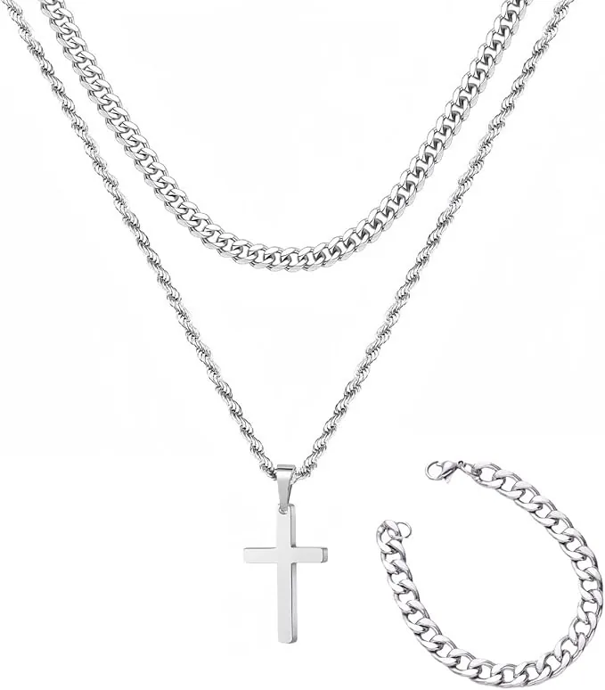 SSKHE Juego de 3 collares de cruz de acero inoxidable para hombre, plata con pulsera, cadena de serpiente cubana duradera, regalo de joyería ideal para hombres y adolescentes