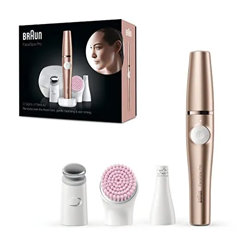 Braun Depiladora Facial Mujer FaceSpa Pro con Accesorios, 921, Bronce - Rasuradora Facial Recargable, Resistente al Agua, con Cepillo de Limpieza, Base de Carga Y Funda Portátil