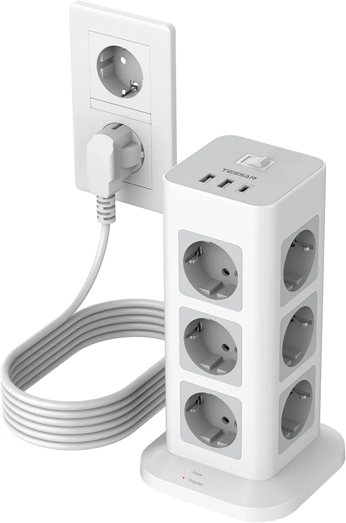 TESSAN Regleta Enchufes Proteccion Sobretension 12 Tomas con 1 USB C y 2 USB A, Torre Regletas Enchufes Vertical con Interruptor, 15 en 1 Torre Multiple, 3600W Toma de Alargador 5M, Gris