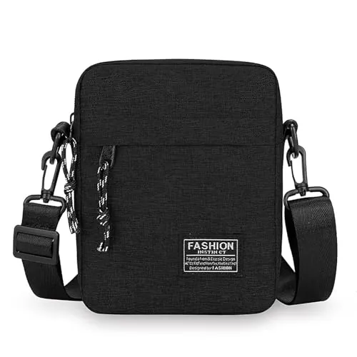 Enreluya Bolso Bandolera Para Hombre (14 * 19 * 5cm), Bolso de Mensajero Impermeable con Correa Ajustable y Múltiples Bolsillos, con Bolsillos Y Cremallera, Para Escuela Trabajo Viajes Casual, Negro