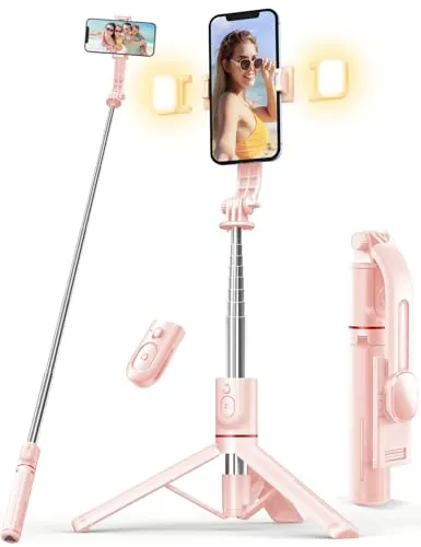Palo Selfie con Luces, Soporte Trípode para Teléfono Móvil con Mando a Distancia Compatible con iPhone 15/14/13/12/11 Pro/MAX/Plus, Samsung, Huawei, Xiaomi(Rosa)