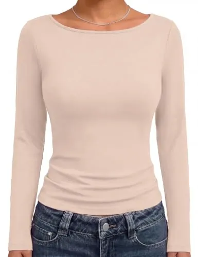 Aottori Camiseta de Mujer Manga Larga Cuello Barco Tejido Elástico Ajustado | Estilo Casual, Otoño Invierno, para Uso Casual, Comodidad Flexible, Ideal para Capas, Uso Diario, Albaricoque XXL