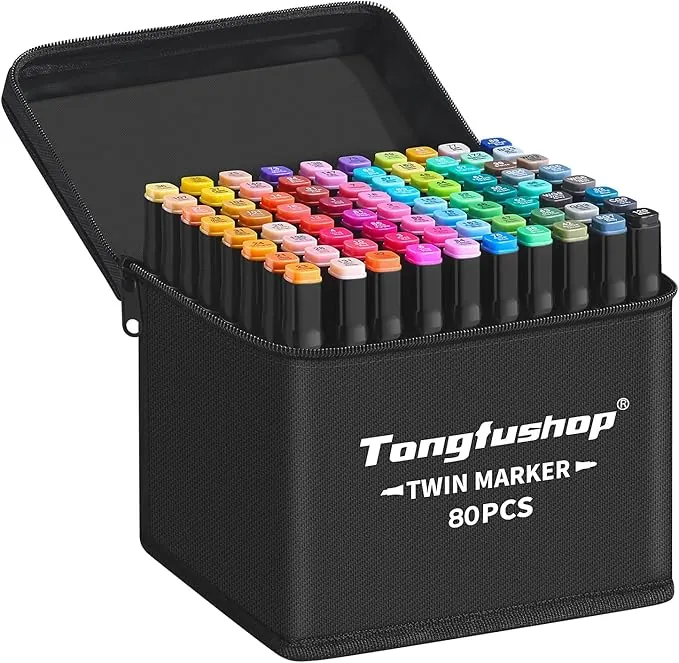 Tongfushop Rotulador de 80 Colores, Rotuladores Alcohol 2S Secado Rápido, Marcadores Permanent Doble Punta con Bolsa de Almacenamiento y Espaciador para Bocetos, Cómics, Colorear, Ilustrar, Esbozar