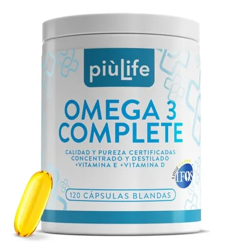 Omega 3 IFOS Certificado con Vitamina D3 y E PiùLife, 120 Cápsulas Blandas