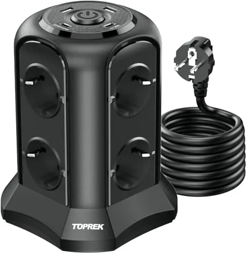TOPREK Torre Regletas Enchufes USB Carga Rapida, 12 Tomas, con Interruptor (Negro, 8 Tomadas-4 USB Carga Rapida-2M)