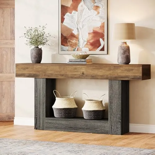 Tribesigns Mesa Consola de 160 cm de Largo, Mesa de Entrada de 2 Capas, con Espacio de Almacenamiento, Mesa de Centro Trasera de Madera de Granja para salón, Pasillo (Rústico Marrón y Gris)