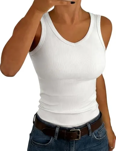 Aottori Camiseta de Tirantes Mujer para Verano Canalé Elástico con Cuello V | Punto Acanalado, Corte Ajustado, Estilo Casual, Forma de Túnica, para Uso Casual, Comodidad Flexible, Blanco M