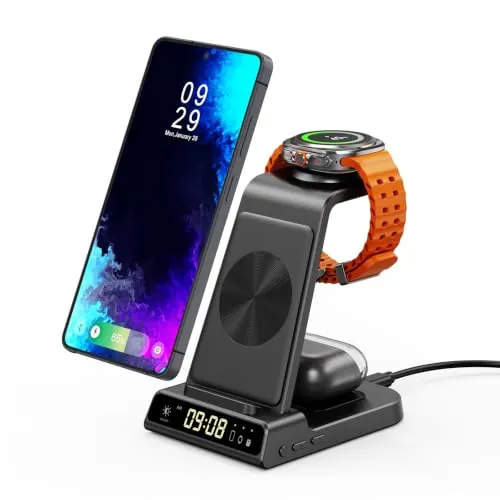 Cargador Inalámbrico para Samsung S26 Ultra, Estación de Carga Inalámbrica 3 en 1 para Galaxy S26+/S26/S25 Ultra/S24/Z Flip 7/Z Fold 7, Base de Carga para Galaxy Watch 8/Ultra/7/6, Buds 4(No Adapter)