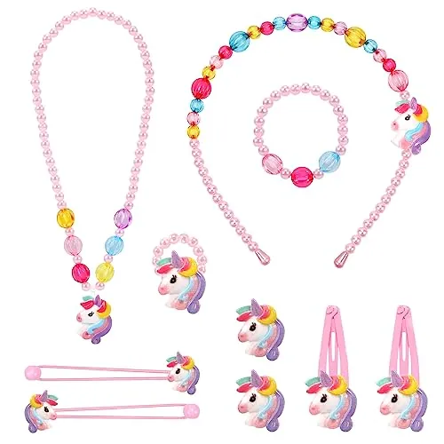 Hifot Unicornio Conjunto de Joyas para Niñas Unicorn Collar Pulsera Anillo Pendientes de Clip Pinzas de Cabello Conjunto, Princesa Vestir Artículos de Fiesta Favores de la joyería del Traje Regalo