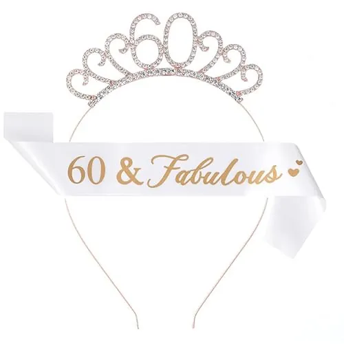 Floatdream 60 Fajín de Cumpleaños y Tiara Set, Cumpleaños Corona Cristal de Oro Rosa, Fabulous Sash Corona Cumpleaños, Para la Decoración de la Fiesta Del 60 Cumpleaños de Las Mujeres.