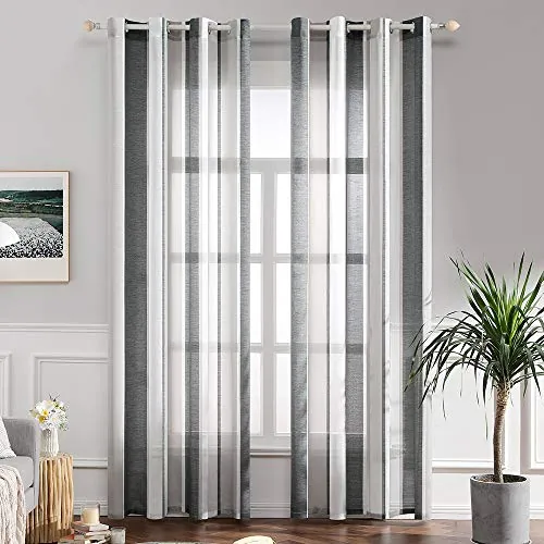 MIULEE Visillos Salon Rayas Blanco y Gris con Ojales Set 2 140x290 cm