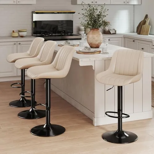Youhauchair Taburetes Altos de Cocina Juego de 4, Taburete de Bar Giratorios de Altura con Respaldo, Taburete Alto Ajustable de Cuero PU, Taburete Cocina Moderna, Beige
