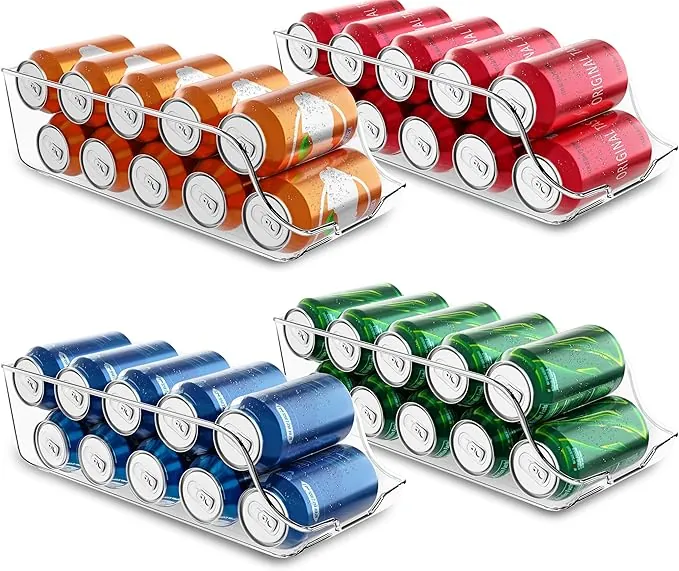 KICHLY Organizador Nevera latas (Pack de 4) - Apilable y Ahorra Espacio - Dispensador de Latas de Refresco para Despensa, Nevera, Congelador & Lavadero (Claro)