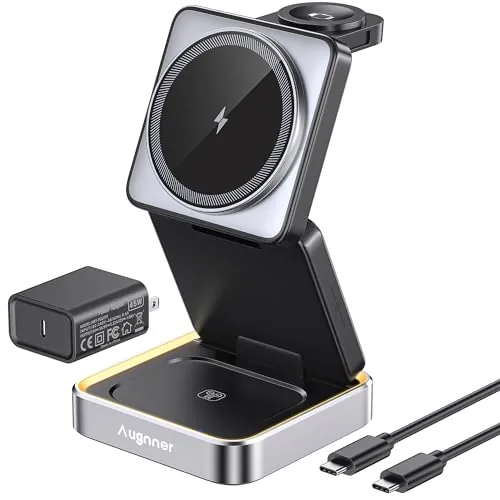 Estacion de Carga iPhone 25W, Plegable Cargador Inalámbrico Rapida para iPhone 17 16 15 14 13 12, 3 en 1 Base de Carga iPhone y iWatch, Soporte de Carga de Viaje con AirPods Pro con 45W Adaptador