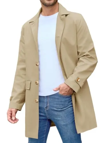Xnova Gabardina Ligera Hombre Cortavientos Otoño Primavera Caqui,L | Urbano Casual Abrigo de Longitud Media, 3 Bolsillos, con Abertura Trasera, Versátil para Oficina o Viaje