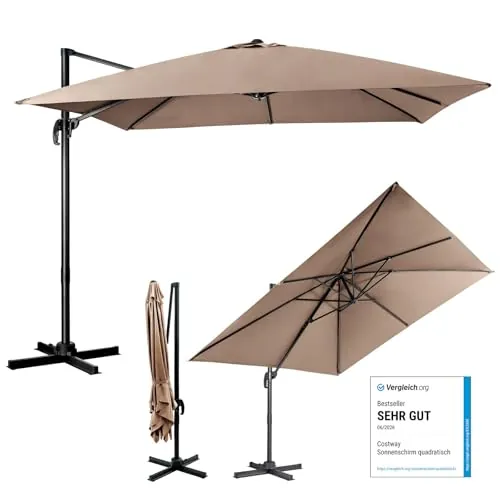 COSTWAY Sombrilla Terraza Exterior 3x3M con Base Cruzada, Sombrilla Jardin Rectangular, 3 Inclinaciones, Rotación 360°, 8 Varillas, Parasol Excentrico Grande Jardin Terraza Patio (Café)