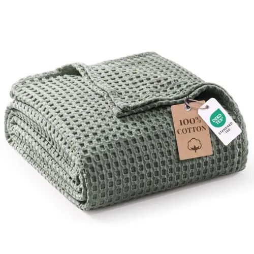 Exclusivo Mezcla Manta para Cama de Verano de 100% Algodón, Manta para Sofá de Gofre, Colcha Multiusos Ligera y Transpirable, Lavable a Máquina y Secable, 240 x 220 cm, Verde-Gris