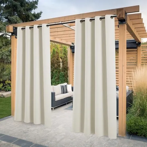 PONY DANCE Cortina de Exterior Impermeable para Porche/Terraza/Pergolas de Jardin, Cortinas Opacas con Protección UV con Ojales, 2 Piezas, 132x243 cm, Beige Claro