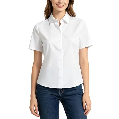 Aomig Blusa Mujer Manga Corta, Camisa Blanca Mujer, Blusa Blanca Mujer Verano, Color Sólido Shirts Trabajo Casual, XL