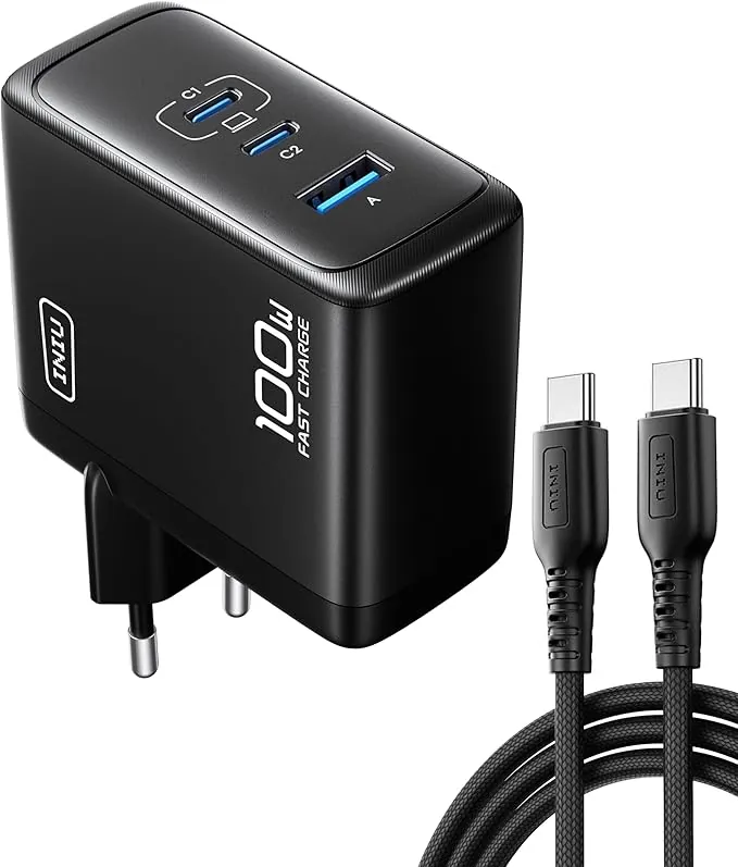 INIU 100W Cargador USB C, PD GAN 3-Puertos Tipo C Carga Rapida, Cargador Compacto y Portátil con MacBook Air, iPad Pro, iPhone 17 16 Pro MAX, Samsung Galaxy S25 S24 S23 Ultra, Steam Deck Switch 2 etc