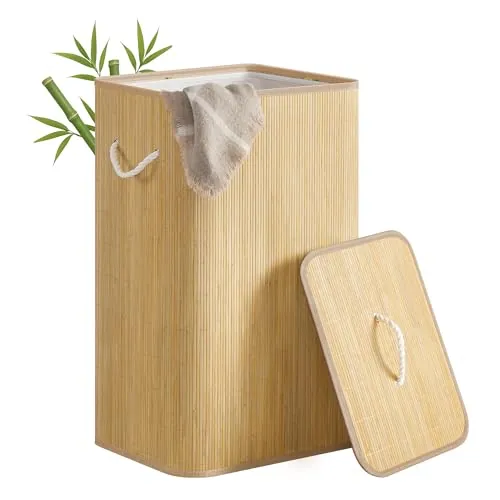 SONGMICS Cesto para Ropa con Tapa, 90 L, de Bambú | Caja para Ropa con Asas, Rectangular, Plegable, Bolsa Extraíble y Lavable a Máquina, Natural, Colección RONEX LCB077YZ01