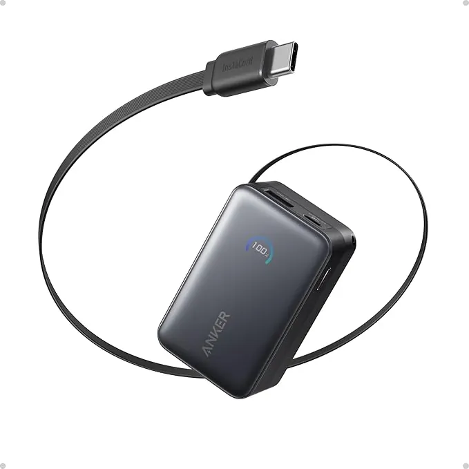 Anker Nano Power Bank Cargador portátil de 10000 mAh Cable retráctil Anker InstaCord de 70 cm batería de 45W de Potencia máxima, para iPhone 17/16 Pro MAX, iPad, Galaxy, Pixel y más