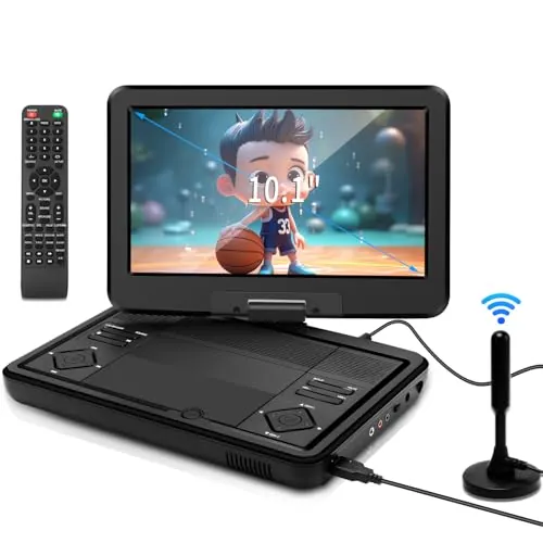 KCR Reproductor de DVD portátil de 10.1 Pulgadas con TV DVB-T2 integrada con Pantalla LED giratoria y/USB/HDMI/AV, batería Recargable y Altavoces estéreo duales, televisor pequeño para niños y Viajes