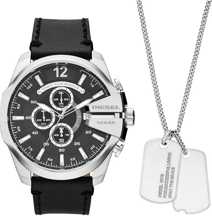 Diesel Reloj para hombre Mega Chief, movimiento cronógrafo, caja de 51 mm de acero inoxidable negro con correa de acero inoxidable, DZ4485