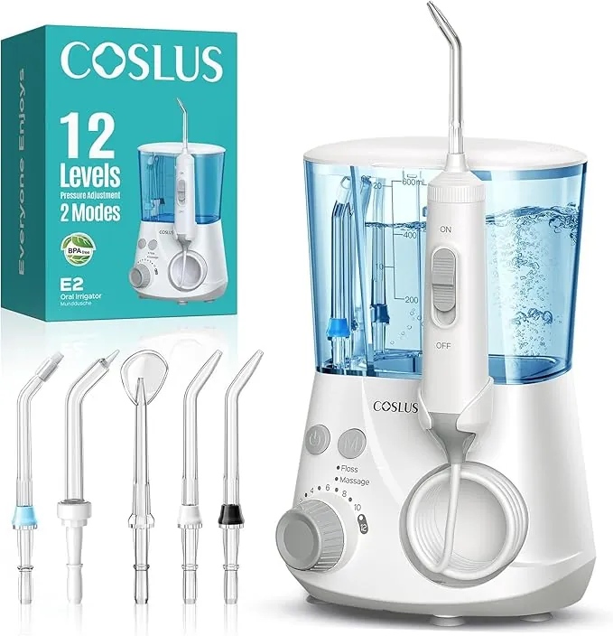 COSLUS Irrigador Dental Sobremesa Profesional: 2 Modos y 12 Presión Ajustable - 600ml Irrigador Bucal para Adultos Usuarios de Ortodoncia/Encías Sensibles -Uso Hogar Baño con 5 Boquillas - Blanco