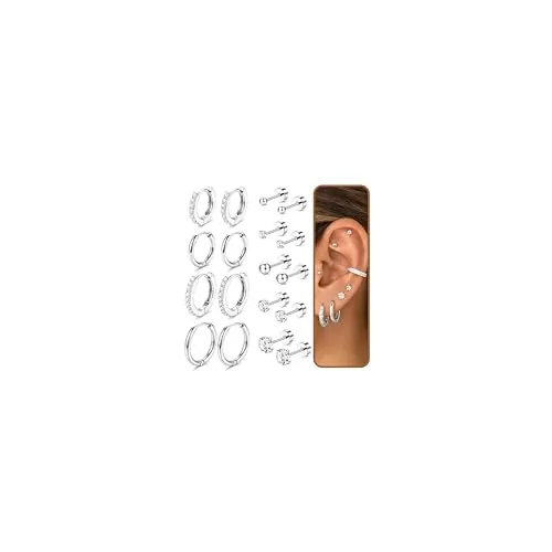 LOLIAS 9 Pares Pendientes Acero Inoxidable Piercing Oreja | Acero Inoxidable Pendientes Mujer Plate Pendiente Color Plata